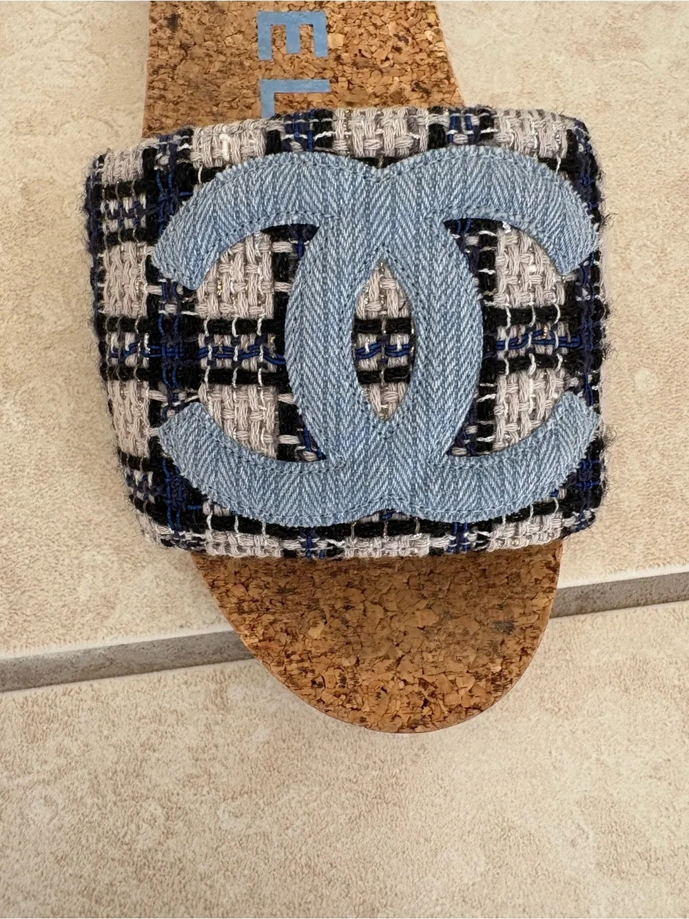 CHANEL Tweed CC Cork Slide Sandals - Light Blue & Black